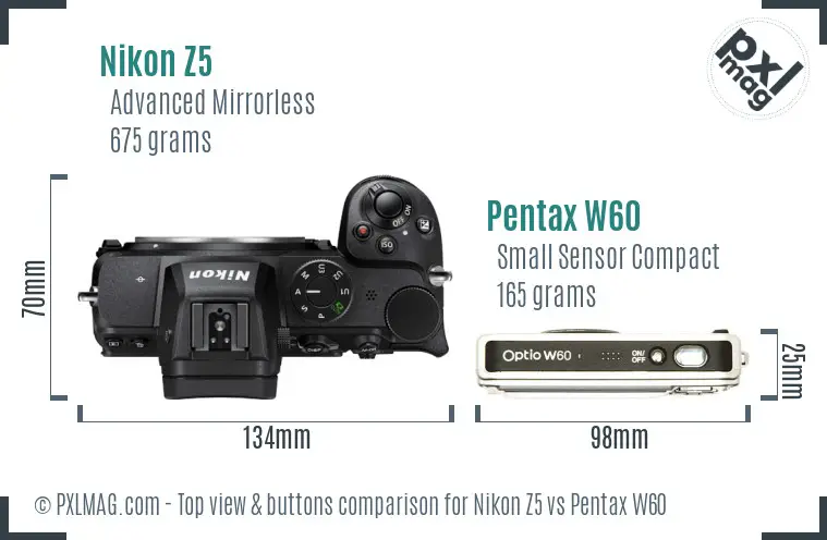 Nikon Z5 vs Pentax W60 top view buttons comparison