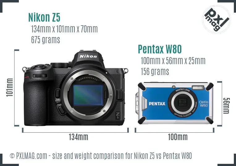 Nikon Z5 vs Pentax W80 size comparison