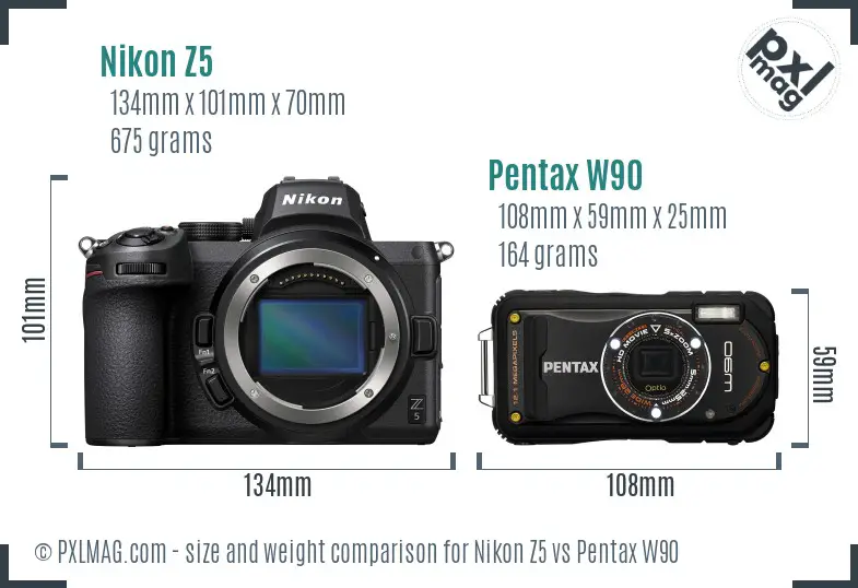 Nikon Z5 vs Pentax W90 size comparison