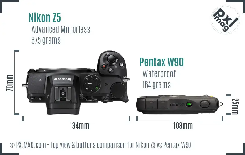 Nikon Z5 vs Pentax W90 top view buttons comparison