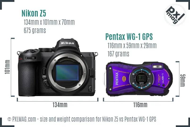Nikon Z5 vs Pentax WG-1 GPS size comparison