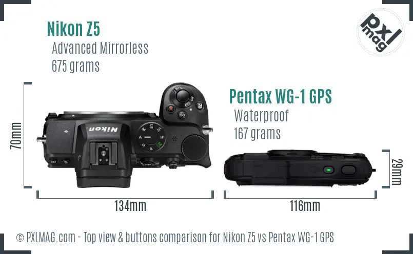 Nikon Z5 vs Pentax WG-1 GPS top view buttons comparison