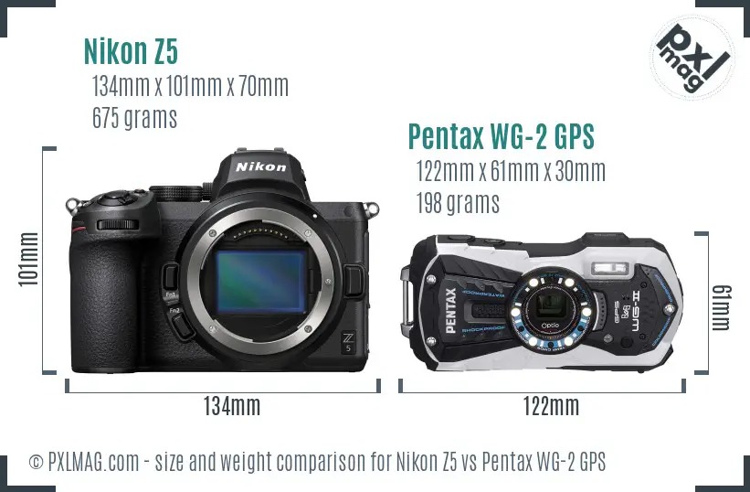 Nikon Z5 vs Pentax WG-2 GPS size comparison