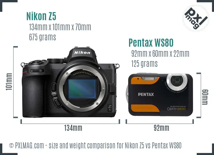 Nikon Z5 vs Pentax WS80 size comparison