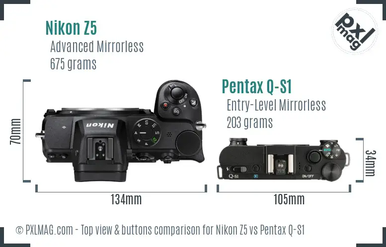 Nikon Z5 vs Pentax Q-S1 top view buttons comparison