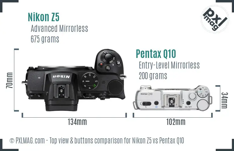 Nikon Z5 vs Pentax Q10 top view buttons comparison