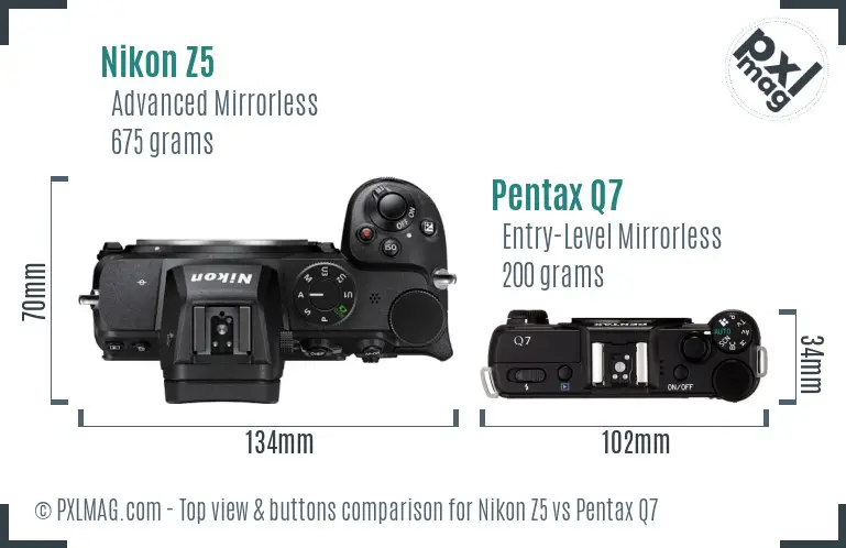 Nikon Z5 vs Pentax Q7 top view buttons comparison