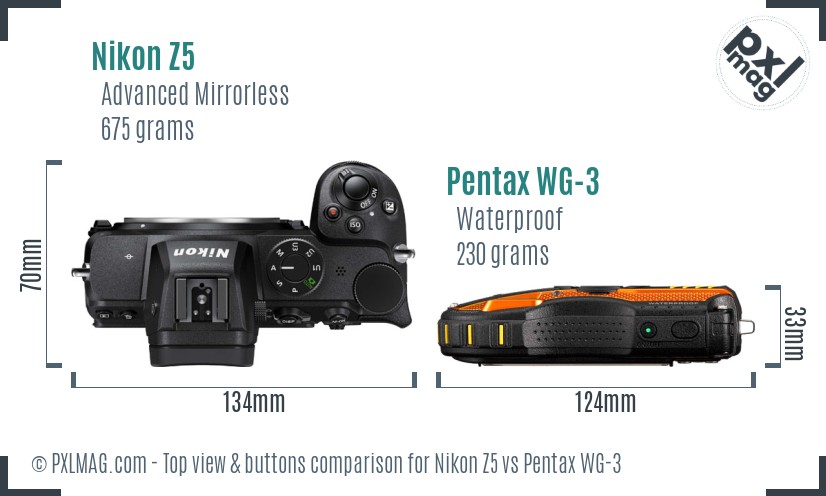 Nikon Z5 vs Pentax WG-3 top view buttons comparison