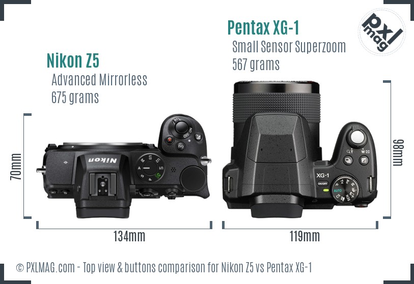 Nikon Z5 vs Pentax XG-1 top view buttons comparison