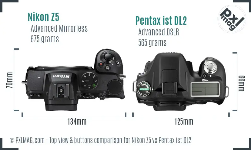 Nikon Z5 vs Pentax ist DL2 top view buttons comparison