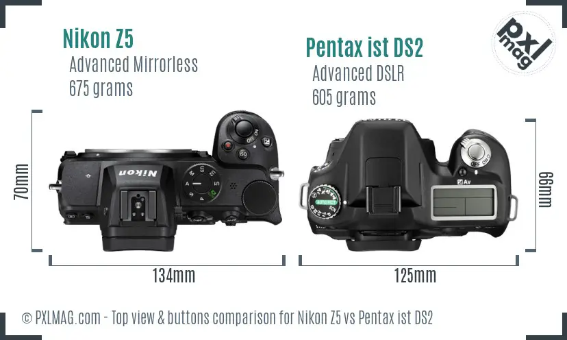 Nikon Z5 vs Pentax ist DS2 top view buttons comparison