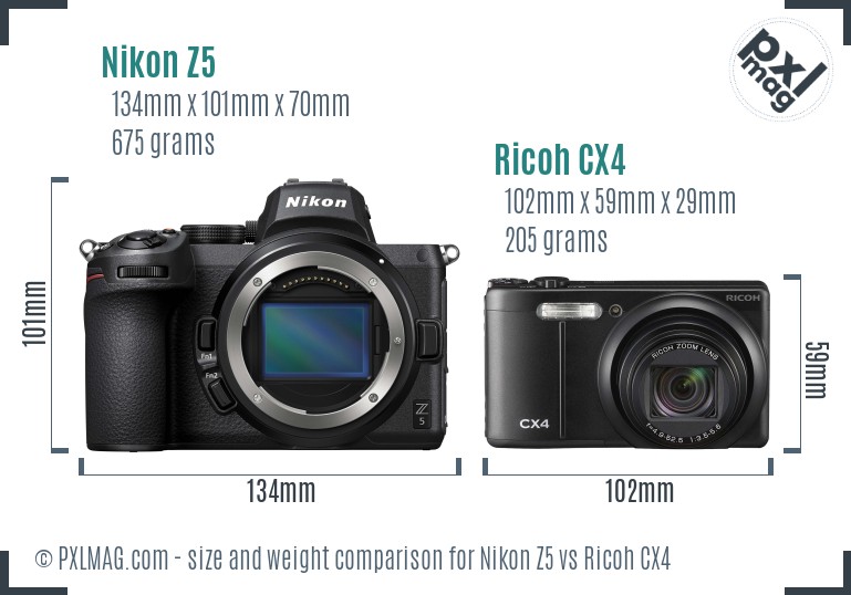 Nikon Z5 vs Ricoh CX4 size comparison