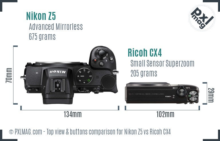 Nikon Z5 vs Ricoh CX4 top view buttons comparison