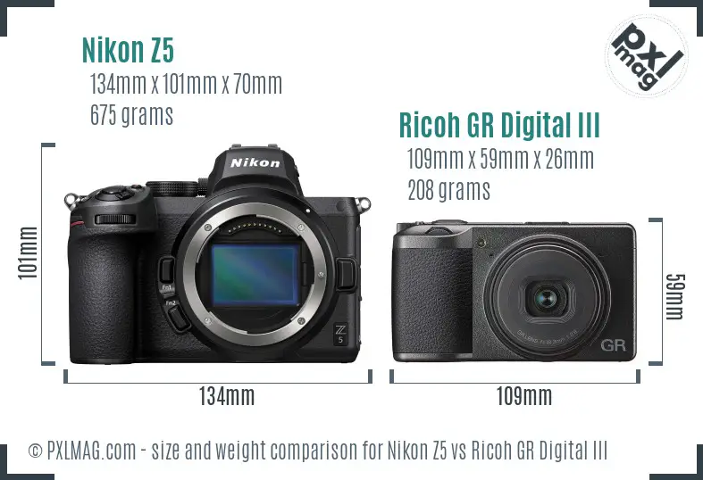 Nikon Z5 vs Ricoh GR Digital III size comparison