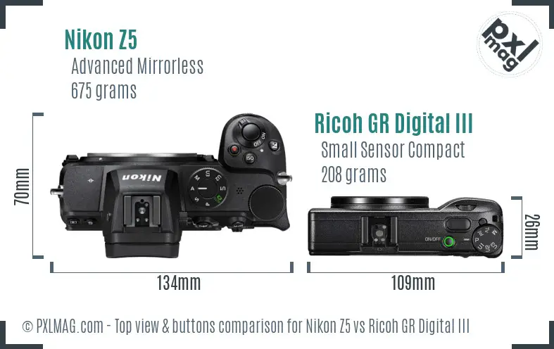 Nikon Z5 vs Ricoh GR Digital III top view buttons comparison