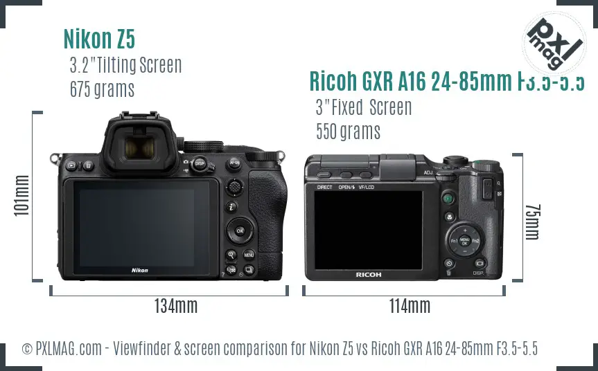 Nikon Z5 vs Ricoh GXR A16 24-85mm F3.5-5.5 Screen and Viewfinder comparison