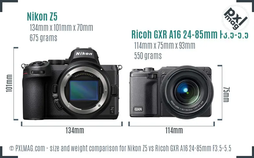 Nikon Z5 vs Ricoh GXR A16 24-85mm F3.5-5.5 size comparison