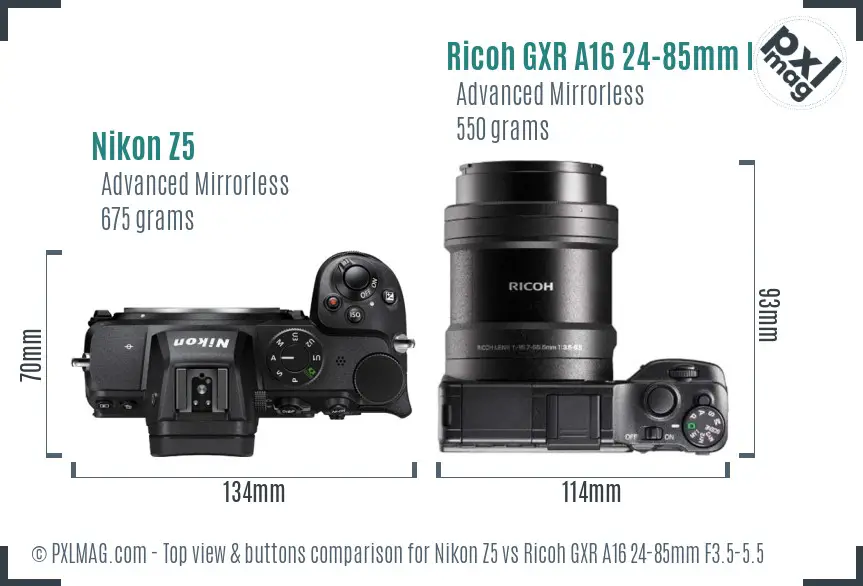 Nikon Z5 vs Ricoh GXR A16 24-85mm F3.5-5.5 top view buttons comparison