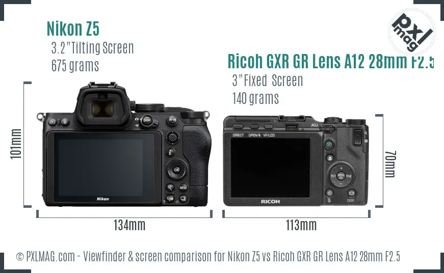 Nikon Z5 vs Ricoh GXR GR Lens A12 28mm F2.5 Screen and Viewfinder comparison