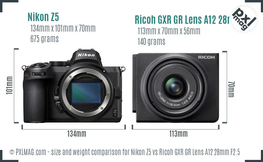 Nikon Z5 vs Ricoh GXR GR Lens A12 28mm F2.5 size comparison