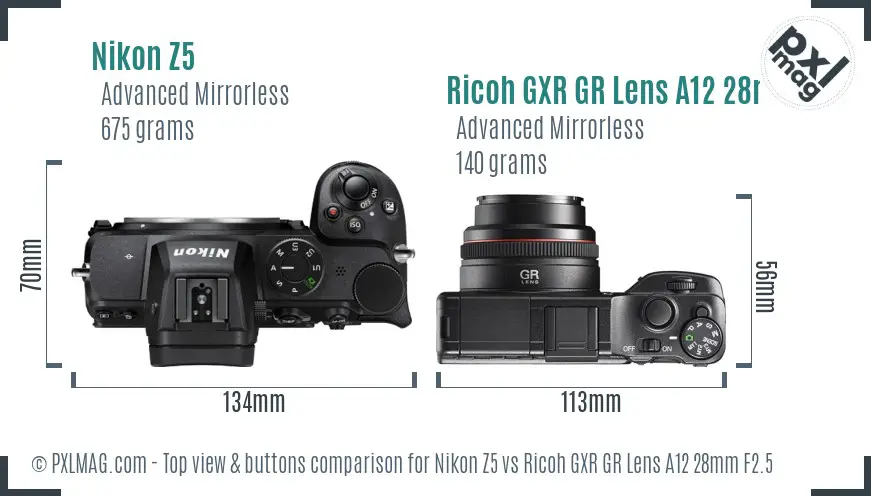 Nikon Z5 vs Ricoh GXR GR Lens A12 28mm F2.5 top view buttons comparison