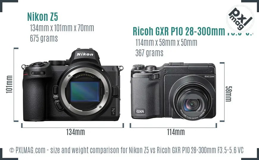 Nikon Z5 vs Ricoh GXR P10 28-300mm F3.5-5.6 VC size comparison