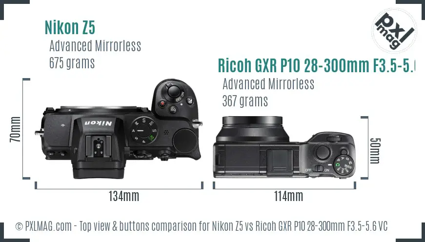 Nikon Z5 vs Ricoh GXR P10 28-300mm F3.5-5.6 VC top view buttons comparison