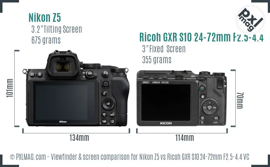 Nikon Z5 vs Ricoh GXR S10 24-72mm F2.5-4.4 VC Screen and Viewfinder comparison