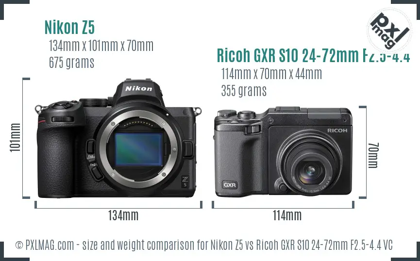 Nikon Z5 vs Ricoh GXR S10 24-72mm F2.5-4.4 VC size comparison