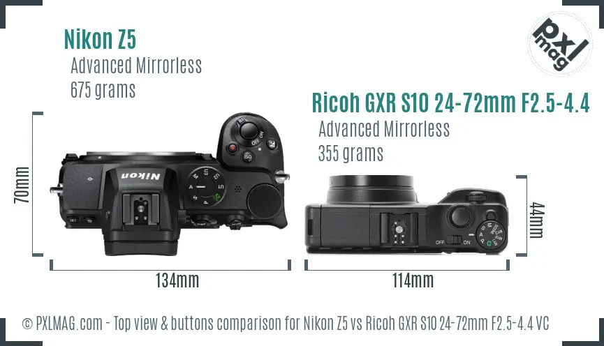 Nikon Z5 vs Ricoh GXR S10 24-72mm F2.5-4.4 VC top view buttons comparison