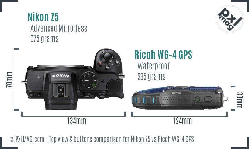 Nikon Z5 vs Ricoh WG-4 GPS top view buttons comparison