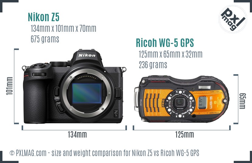 Nikon Z5 vs Ricoh WG-5 GPS size comparison