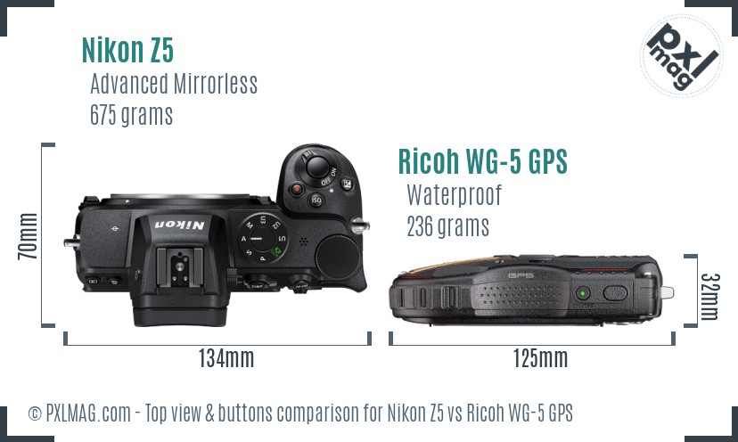 Nikon Z5 vs Ricoh WG-5 GPS top view buttons comparison