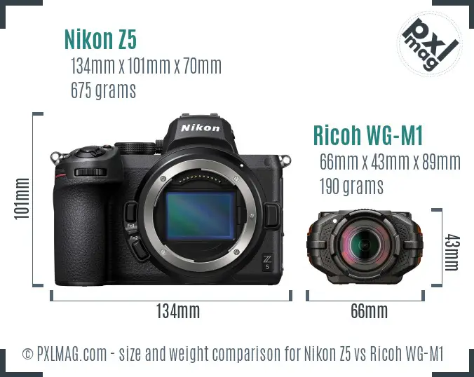Nikon Z5 vs Ricoh WG-M1 size comparison