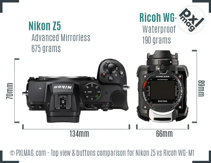 Nikon Z5 vs Ricoh WG-M1 top view buttons comparison