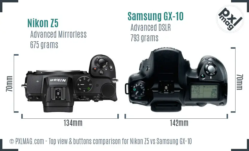 Nikon Z5 vs Samsung GX-10 top view buttons comparison Nikon Z5 vs Samsung GX-10 top view buttons comparison