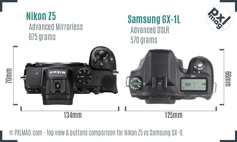 Nikon Z5 vs Samsung GX-1L top view buttons comparison