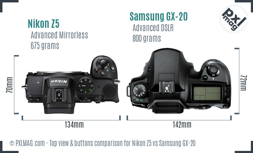 Nikon Z5 vs Samsung GX-20 top view buttons comparison