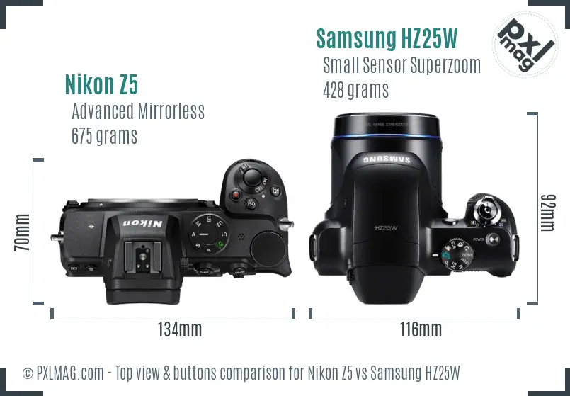 Nikon Z5 vs Samsung HZ25W top view buttons comparison Nikon Z5 vs Samsung HZ25W top view buttons comparison