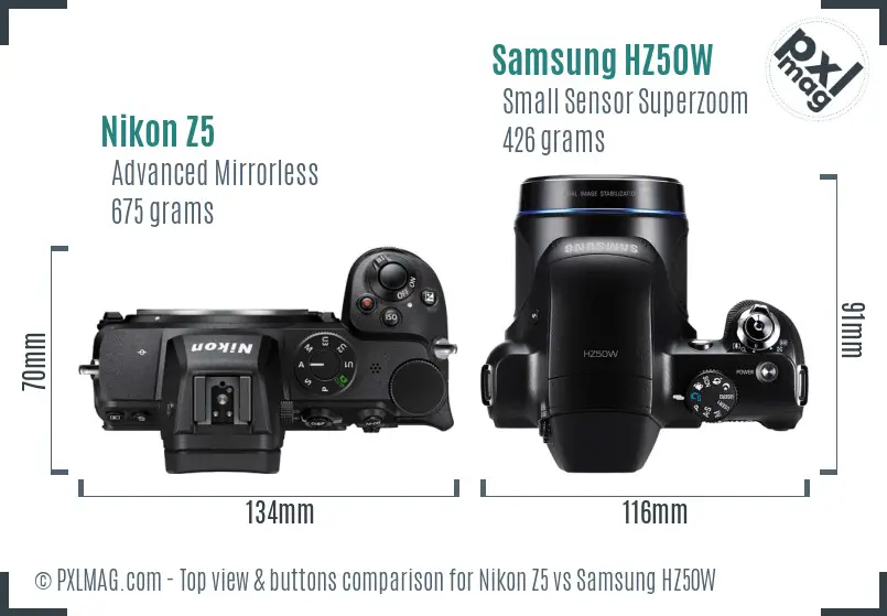 Nikon Z5 vs Samsung HZ50W top view buttons comparison Nikon Z5 vs Samsung HZ50W top view buttons comparison