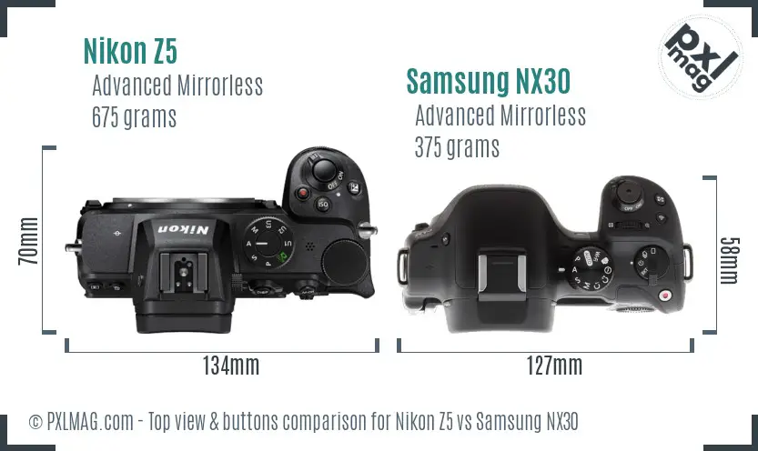 Nikon Z5 vs Samsung NX30 top view buttons comparison