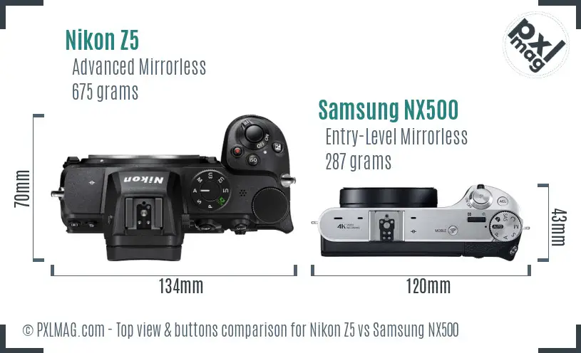 Nikon Z5 vs Samsung NX500 top view buttons comparison