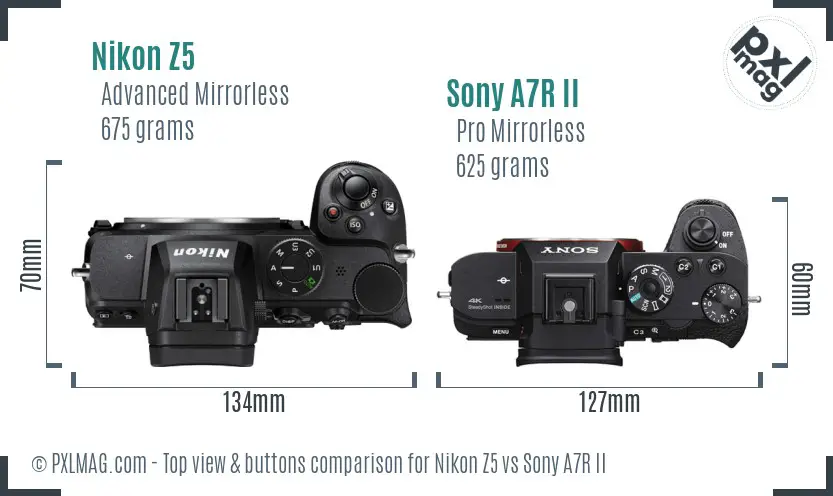 Nikon Z5 vs Sony A7R II top view buttons comparison