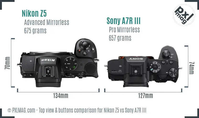 Nikon Z5 vs Sony A7R III top view buttons comparison