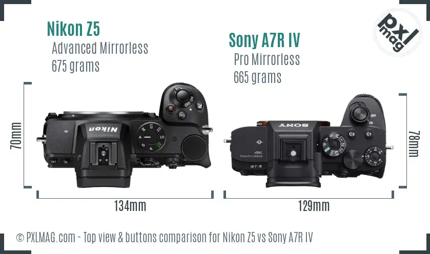 Nikon Z5 vs Sony A7R IV top view buttons comparison