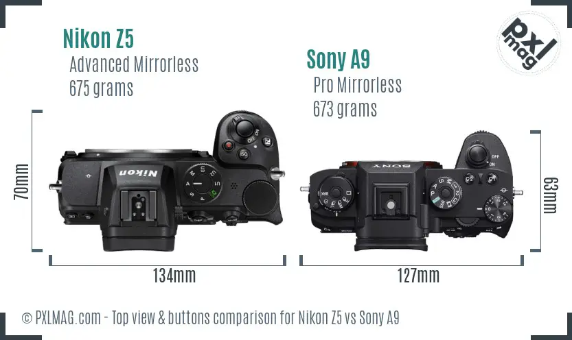 Nikon Z5 vs Sony A9 top view buttons comparison