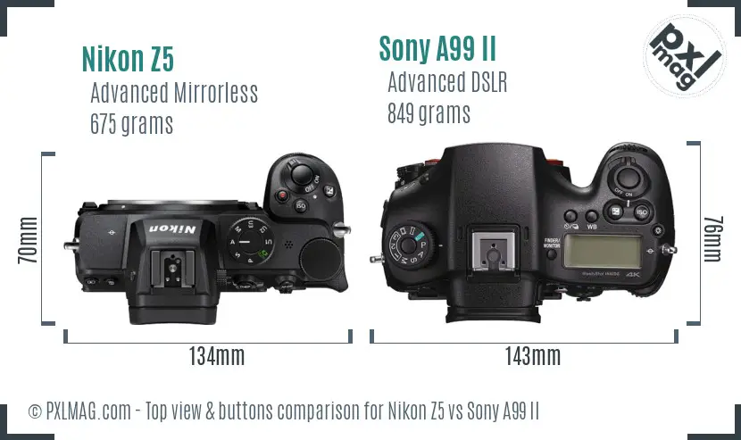 Nikon Z5 vs Sony A99 II top view buttons comparison