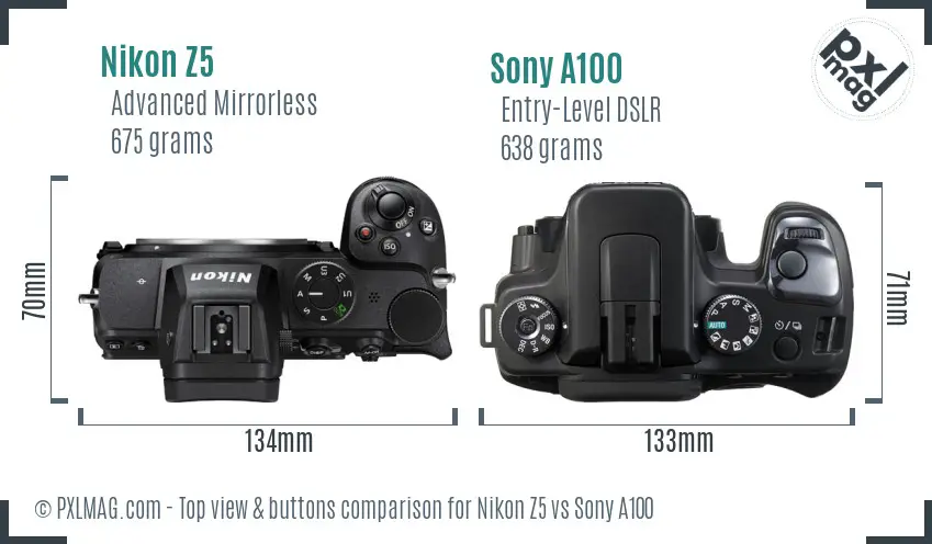 Nikon Z5 vs Sony A100 top view buttons comparison