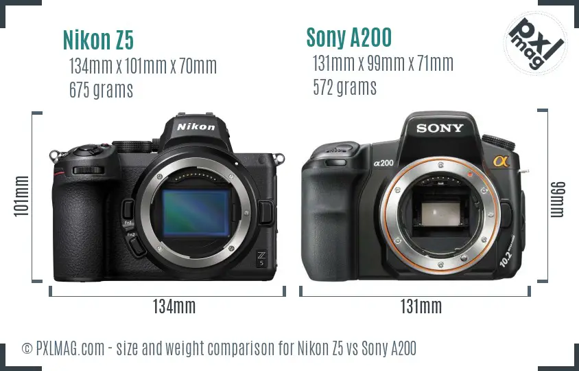 Nikon Z5 vs Sony A200 size comparison