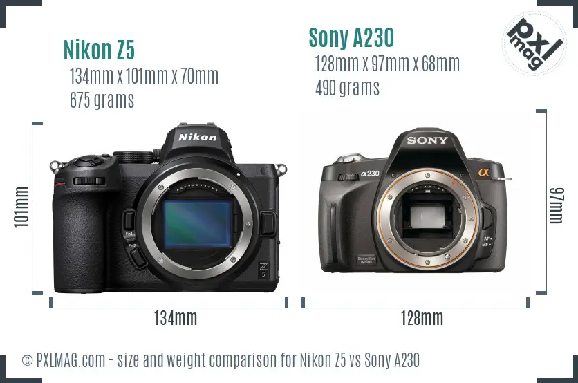 Nikon Z5 vs Sony A230 size comparison